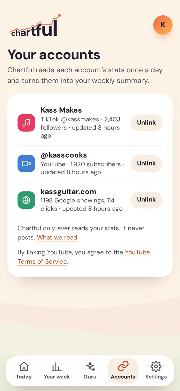 The Accounts screen listing a TikTok, a YouTube channel and a website, each with when it was last updated and an Unlink button.