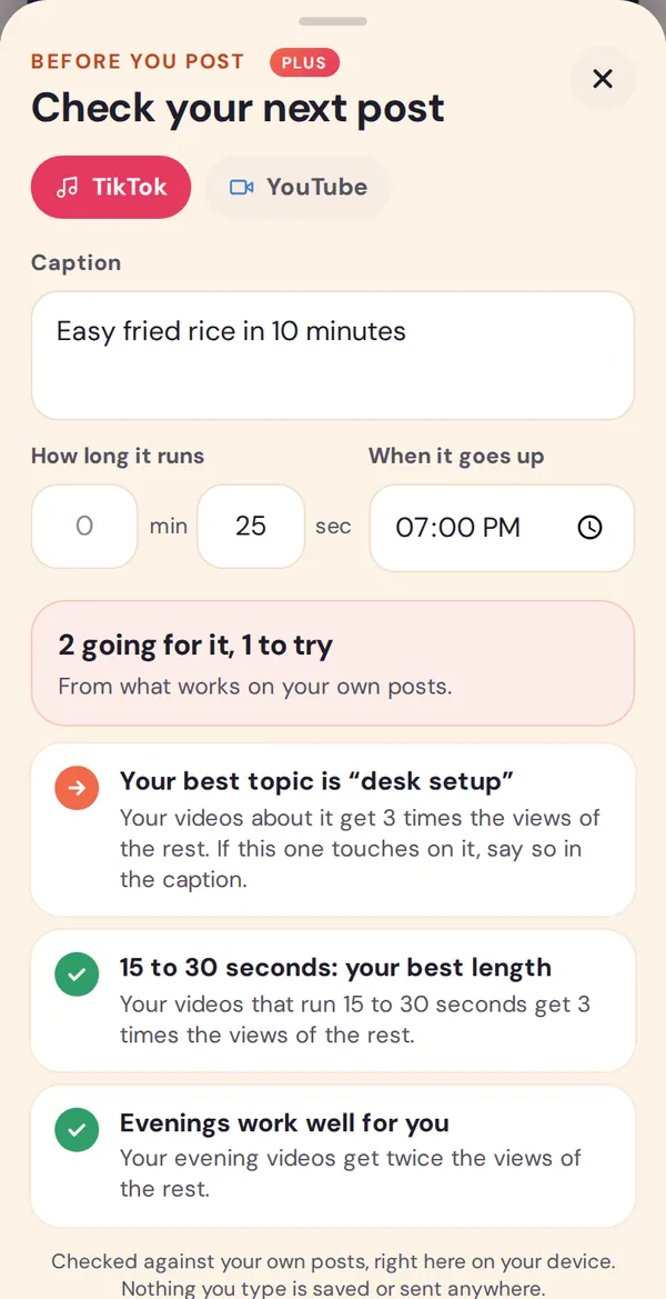 The Before you post sheet: a caption typed in, 25 seconds long, going up at 7pm, with three results: the best topic to bring in, a good length and a good time.